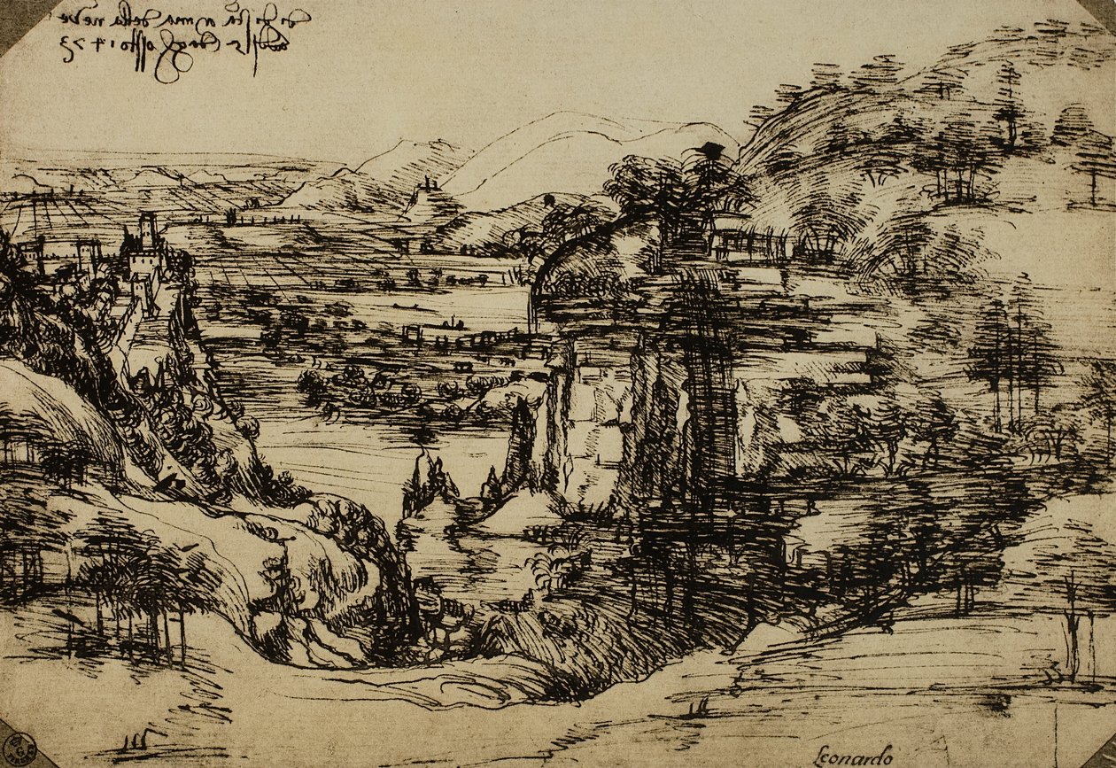 絵画 valley Landscape of the Arno Valley, Drawing by Leonardo da Vinci